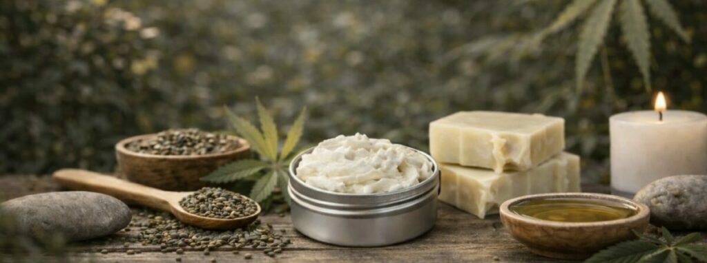 Fleurs de chanvre posées sur une table en bois - Image utilisée pour la catégorie cosmétiques cbg